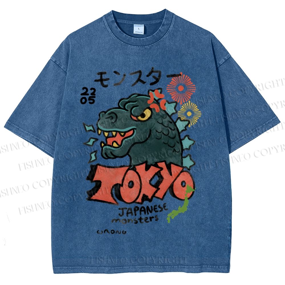 Unisex Japanese Monsters Printed Washed Tee