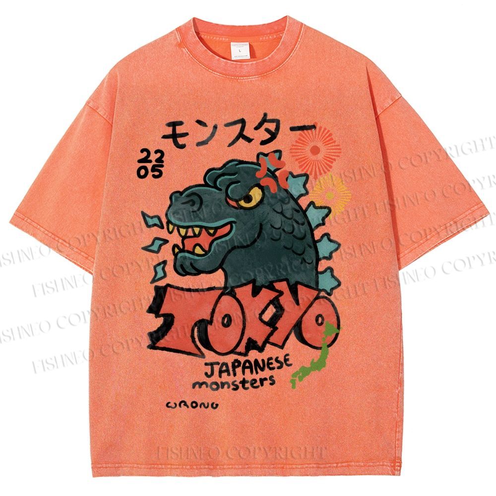 Unisex Japanese Monsters Printed Washed Tee