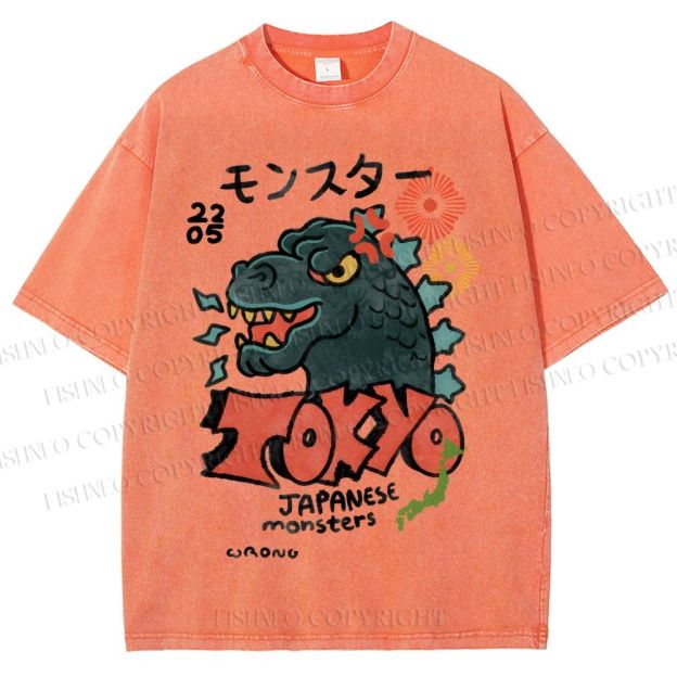 Unisex Japanese Monsters Printed Washed Tee