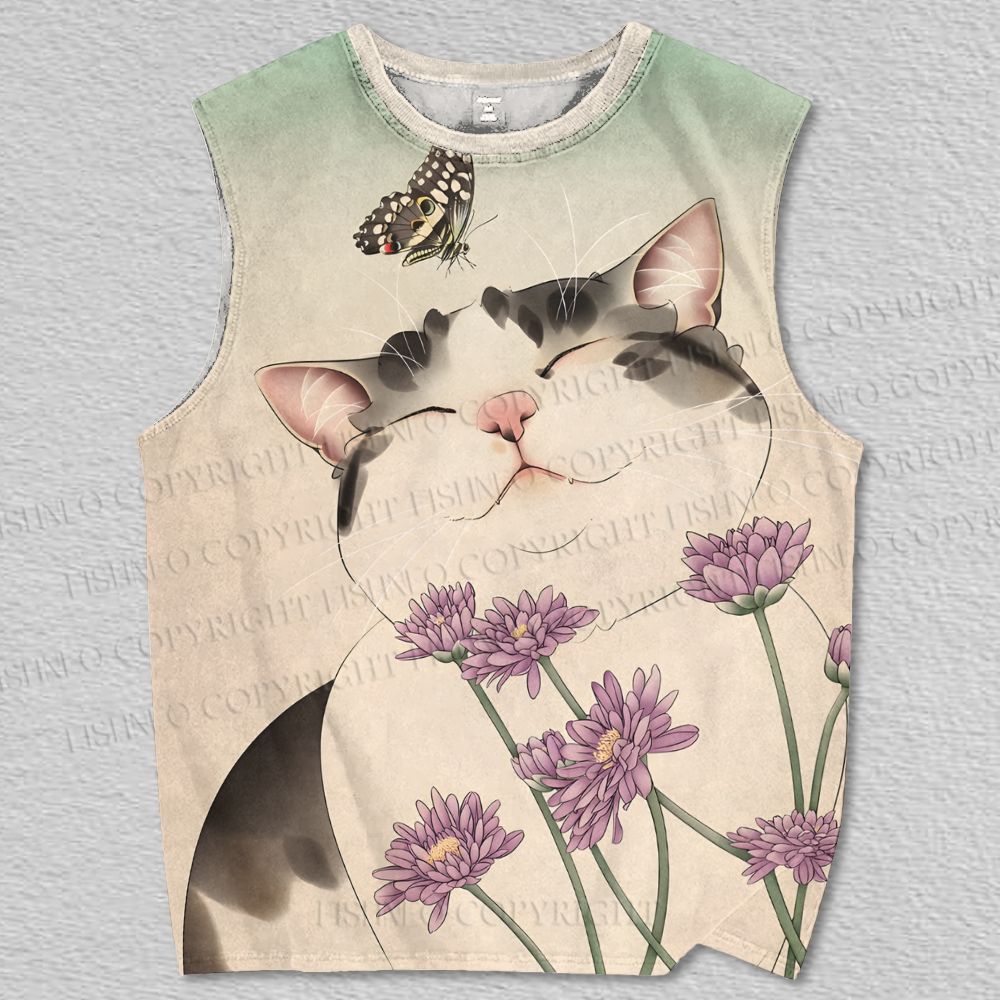 Unisex Cat Smell The Flowers With Butterfly Printed Tank Top