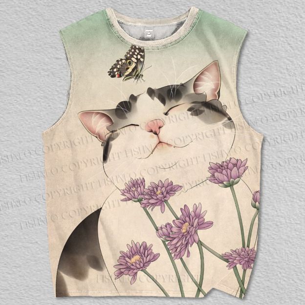 Unisex Cat Smell The Flowers With Butterfly Printed Tank Top