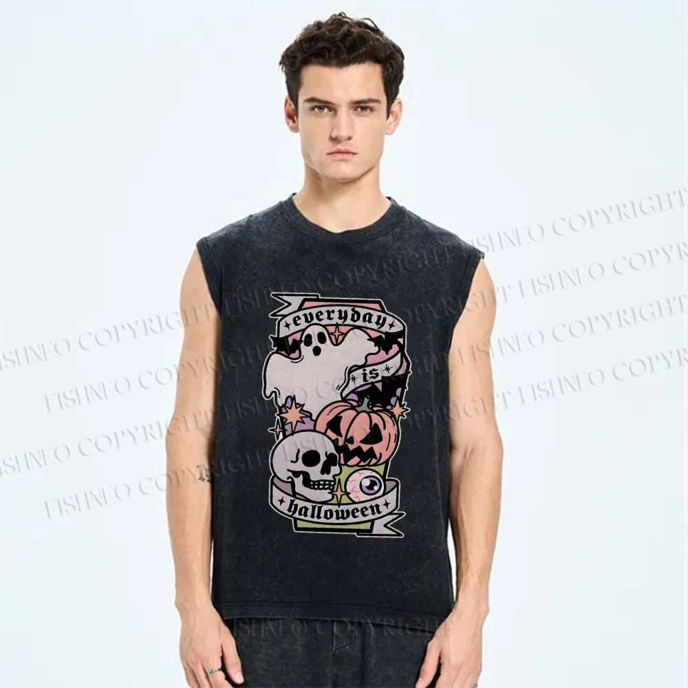 Unisex Ghost Skull Pumpkin Everybody Is Halloween Printed Washed Tank Top