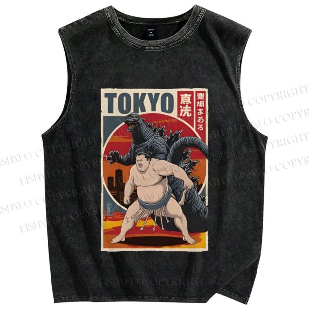 Unisex Tokyo Sumo Printed Washed Tank Top