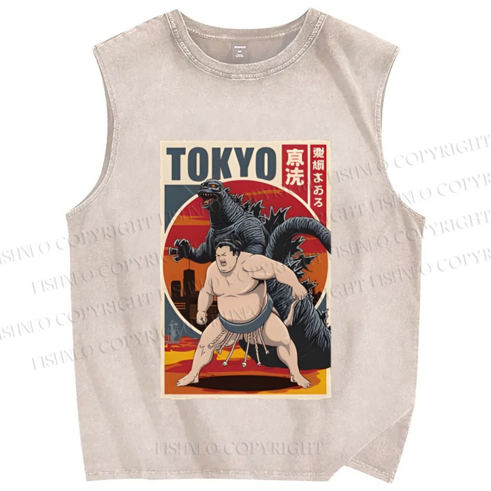 Unisex Tokyo Sumo Printed Washed Tank Top