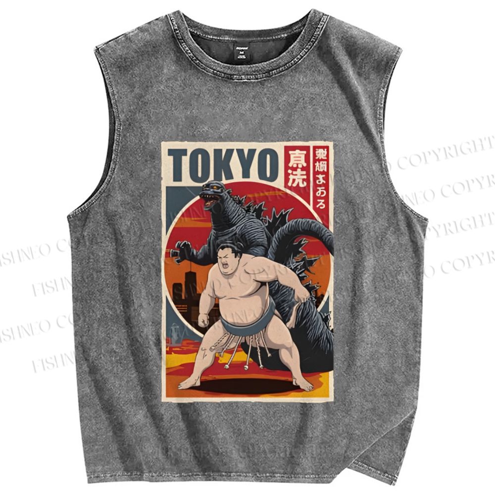 Unisex Tokyo Sumo Printed Washed Tank Top
