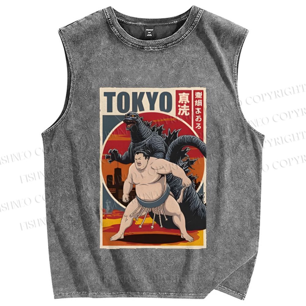 Unisex Tokyo Sumo Printed Washed Tank Top