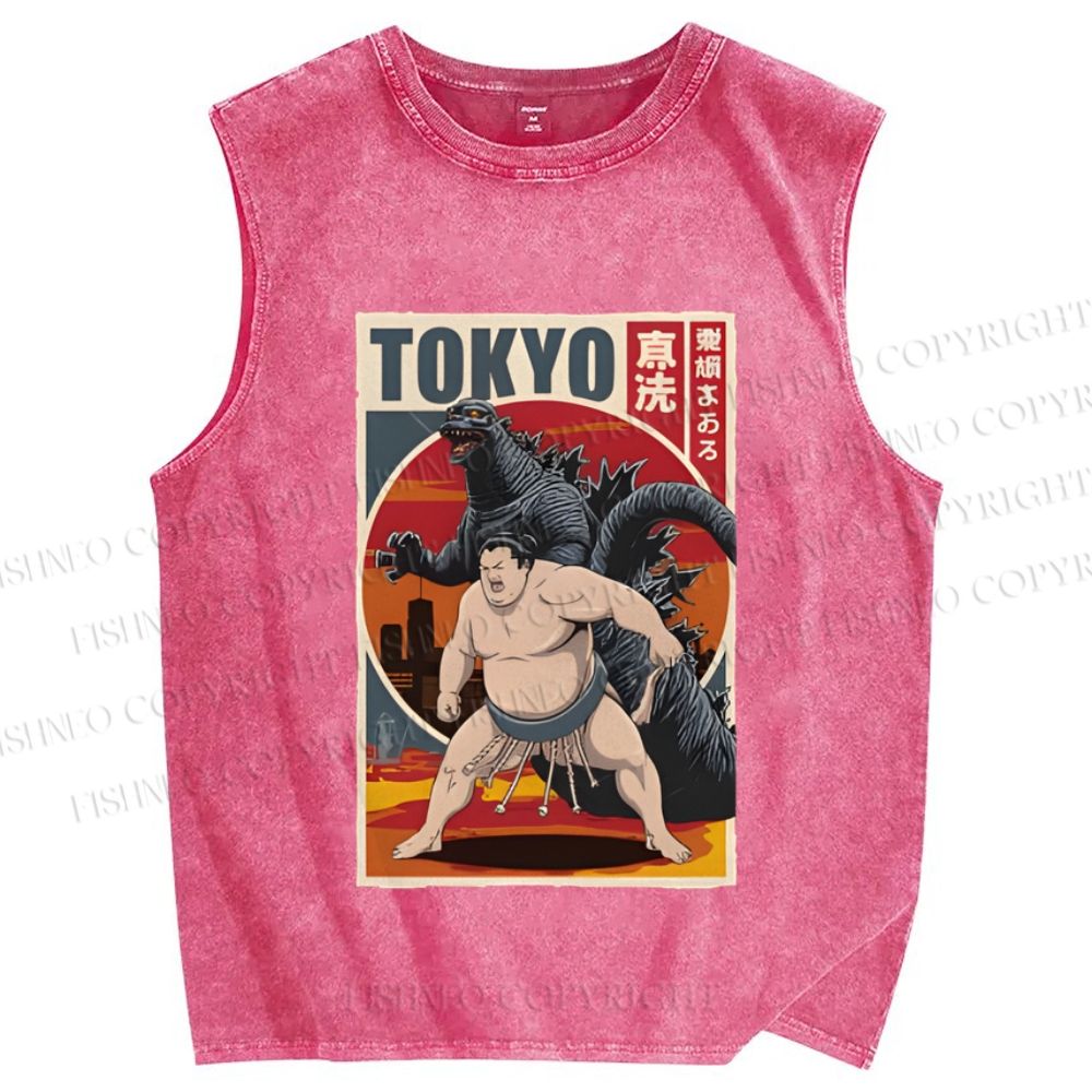 Unisex Tokyo Sumo Printed Washed Tank Top