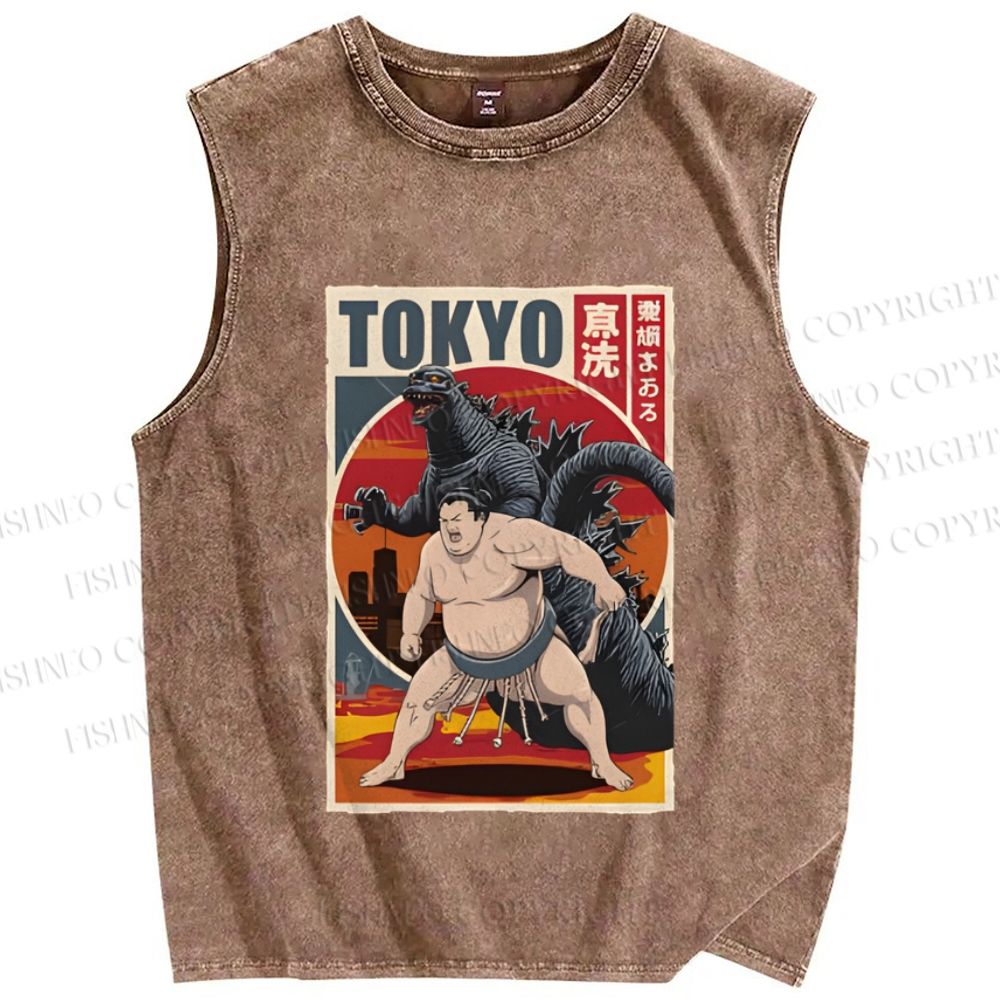 Unisex Tokyo Sumo Printed Washed Tank Top