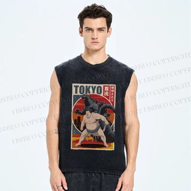 Unisex Tokyo Sumo Printed Washed Tank Top
