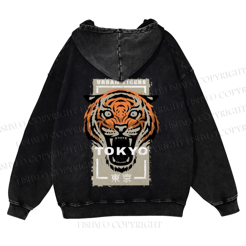 Casual Tokyo Tiger Printed Washed Hoodie