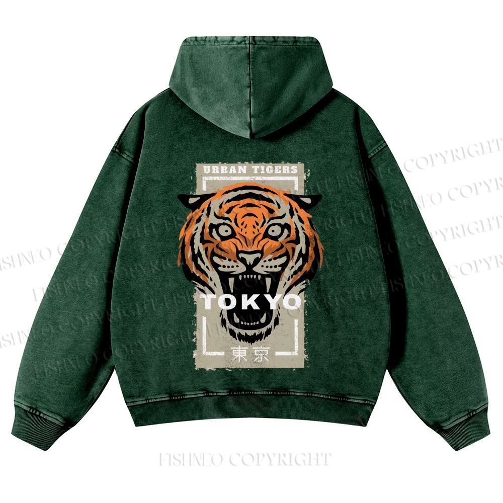 Casual Tokyo Tiger Printed Washed Hoodie