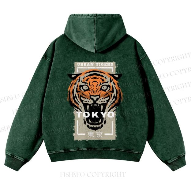 Casual Tokyo Tiger Printed Washed Hoodie