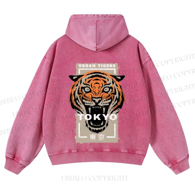 Casual Tokyo Tiger Printed Washed Hoodie