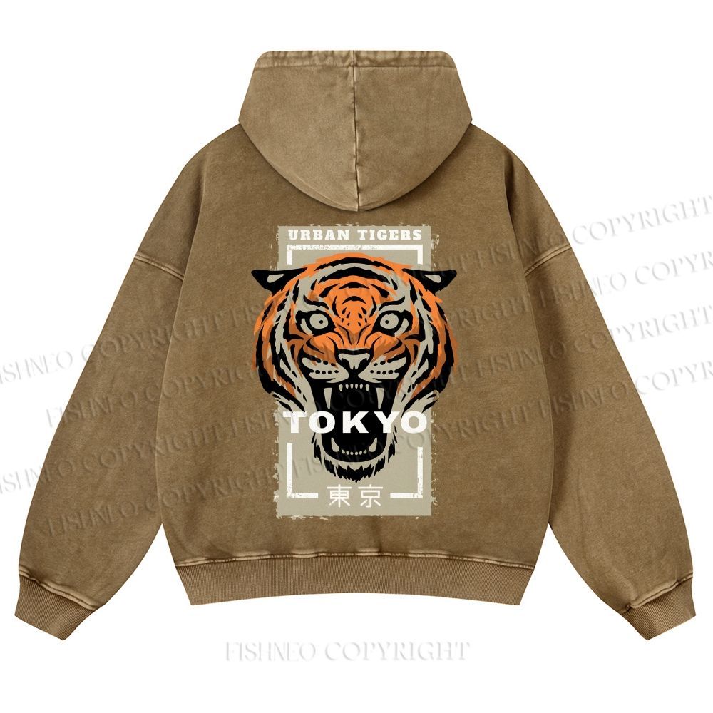 Casual Tokyo Tiger Printed Washed Hoodie