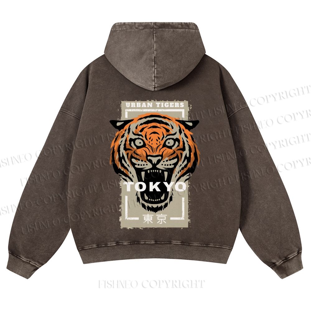 Casual Tokyo Tiger Printed Washed Hoodie