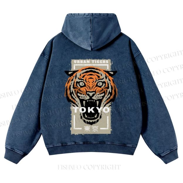Casual Tokyo Tiger Printed Washed Hoodie