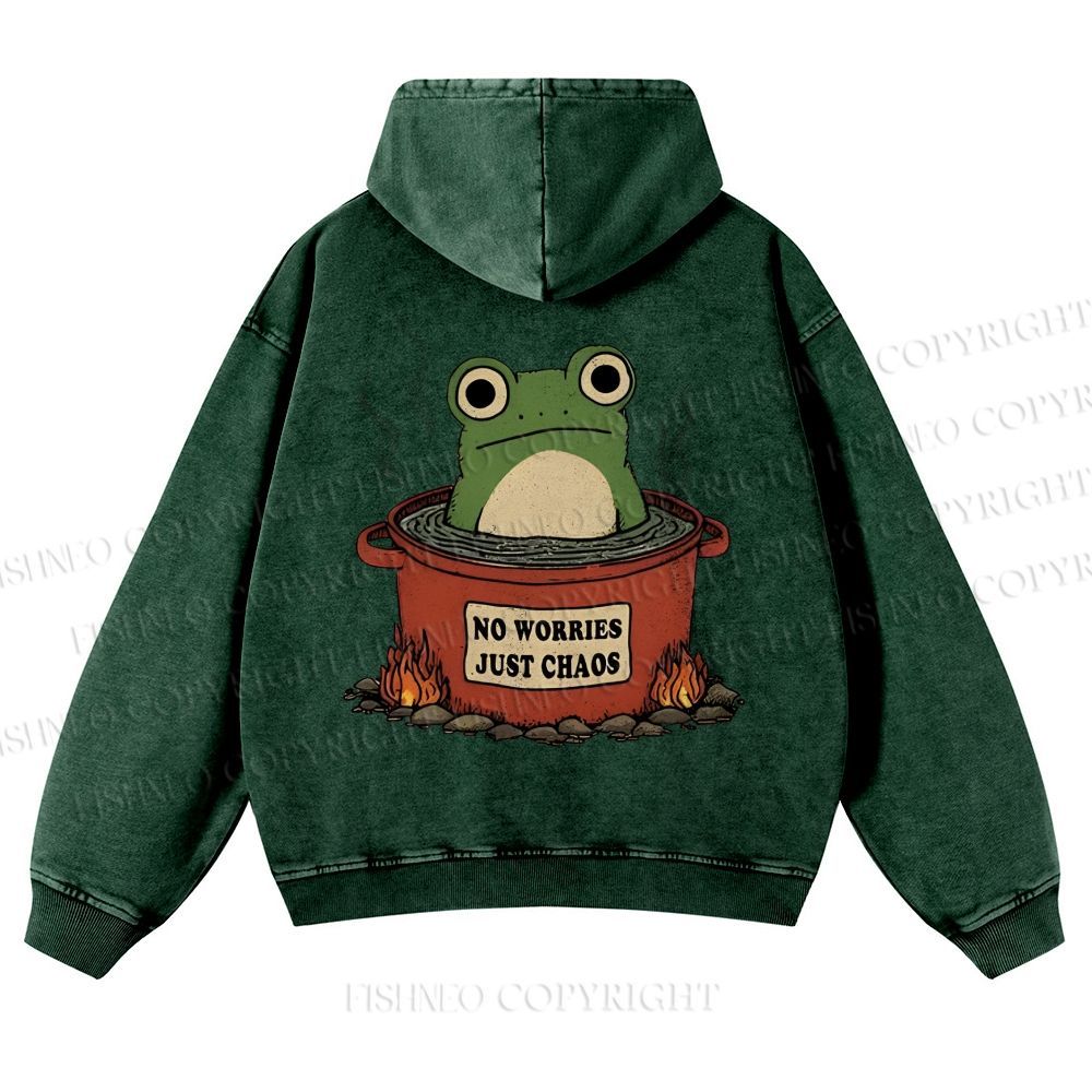Casual Frog No Worries Just Chaos Printed Washed Hoodie