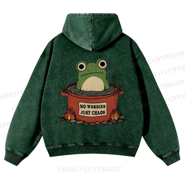 Casual Frog No Worries Just Chaos Printed Washed Hoodie