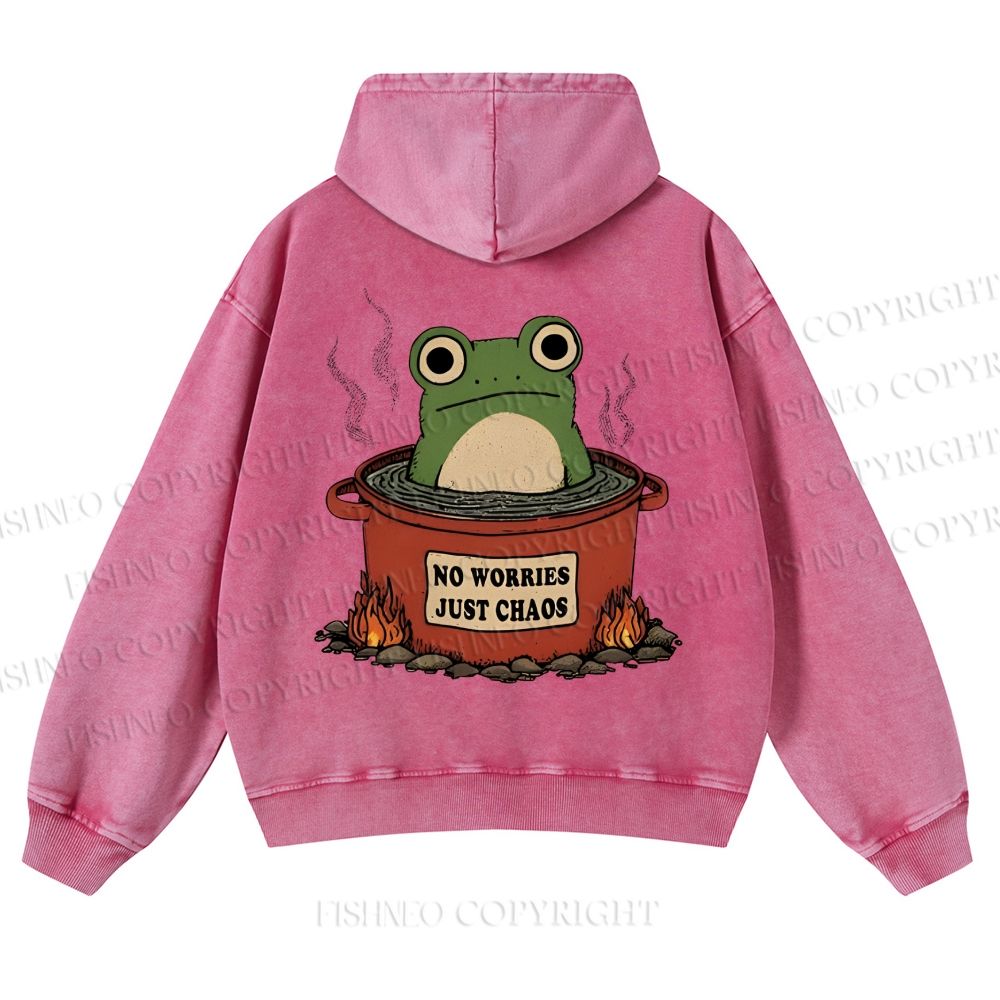 Casual Frog No Worries Just Chaos Printed Washed Hoodie