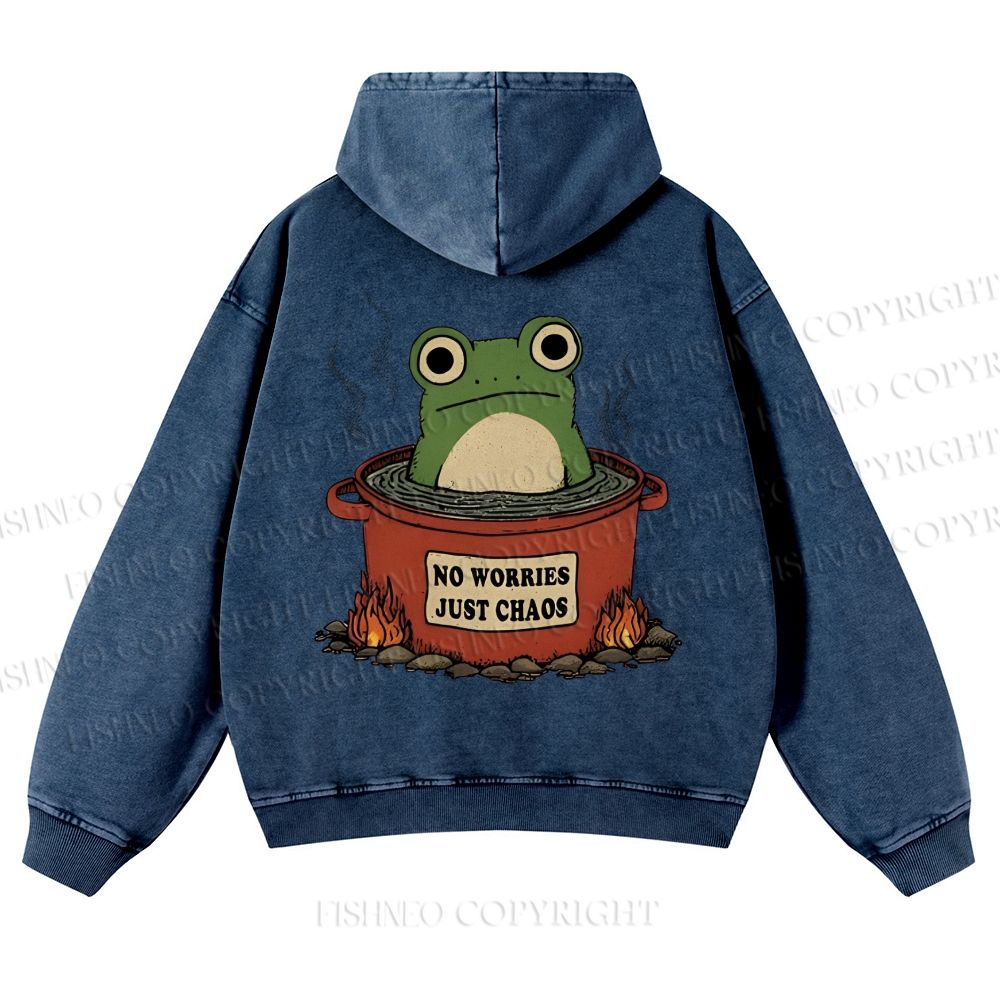 Casual Frog No Worries Just Chaos Printed Washed Hoodie