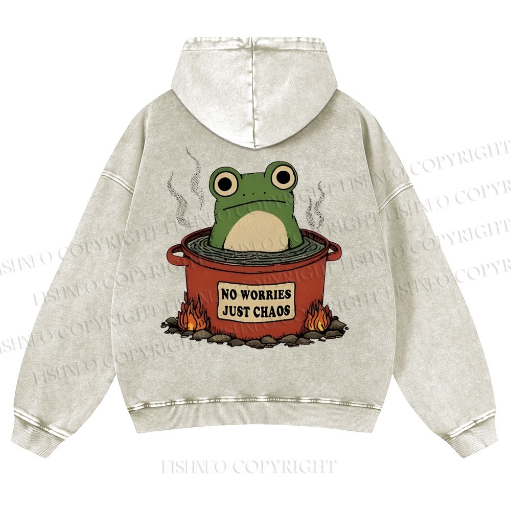 Casual Frog No Worries Just Chaos Printed Washed Hoodie