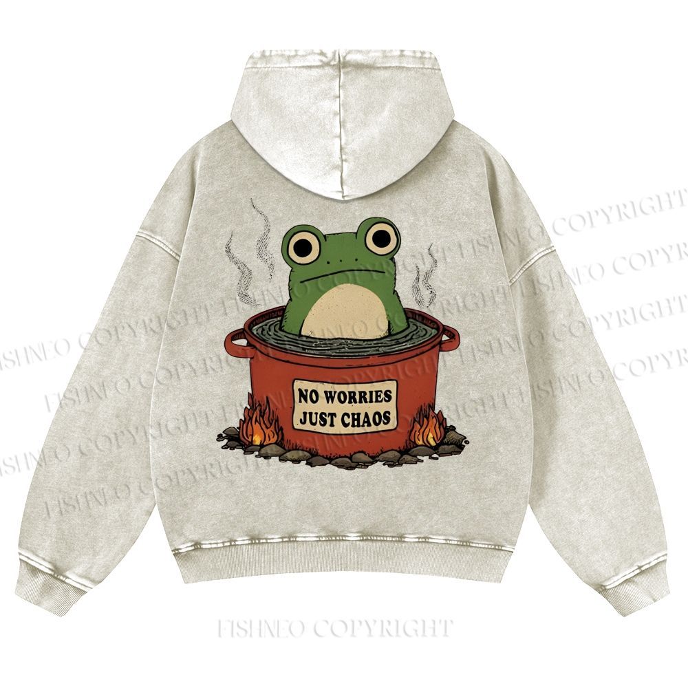 Casual Frog No Worries Just Chaos Printed Washed Hoodie