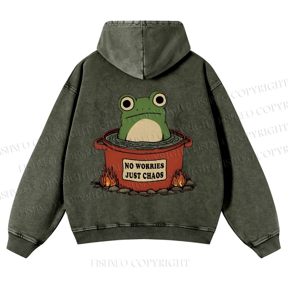Casual Frog No Worries Just Chaos Printed Washed Hoodie