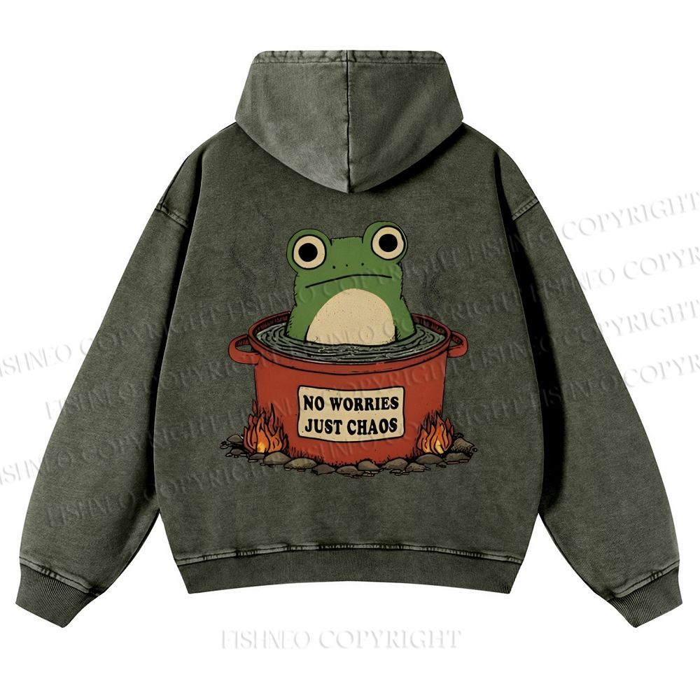 Casual Frog No Worries Just Chaos Printed Washed Hoodie