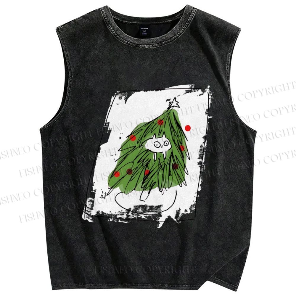Unisex Silly Cat Stuck In Christmas Tree Printed Washed Tank Top