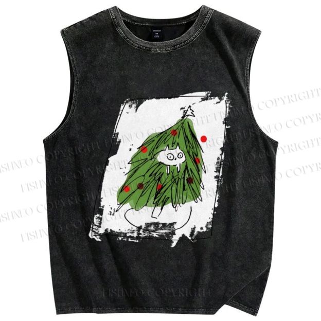 Unisex Silly Cat Stuck In Christmas Tree Printed Washed Tank Top