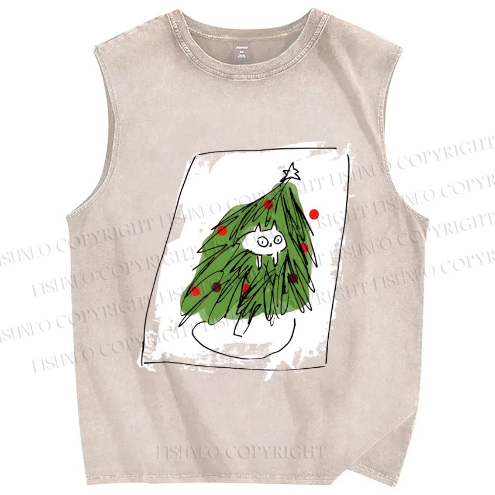 Unisex Silly Cat Stuck In Christmas Tree Printed Washed Tank Top