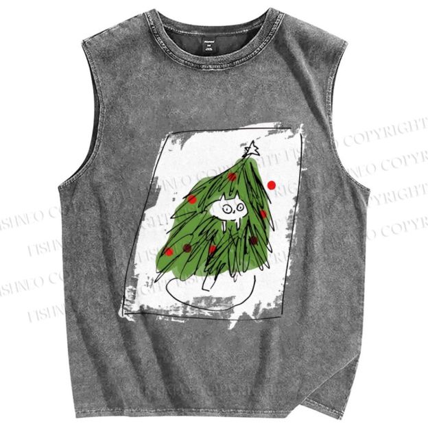 Unisex Silly Cat Stuck In Christmas Tree Printed Washed Tank Top
