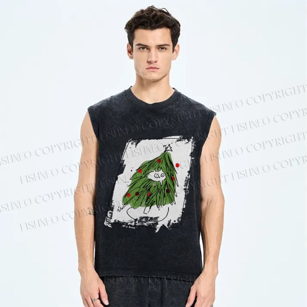 Unisex Silly Cat Stuck In Christmas Tree Printed Washed Tank Top