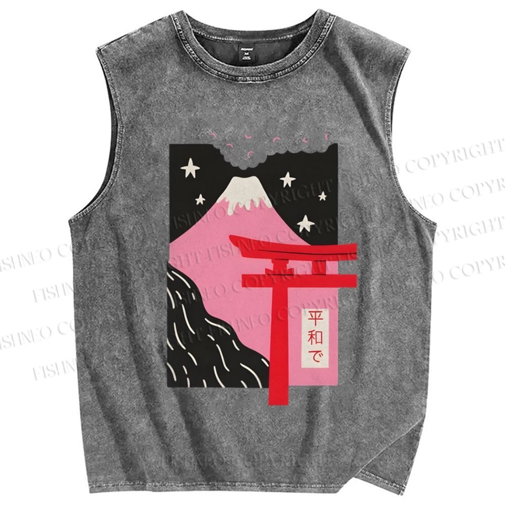 Unisex Japanese Mount Fuji Printed Washed Tank Top