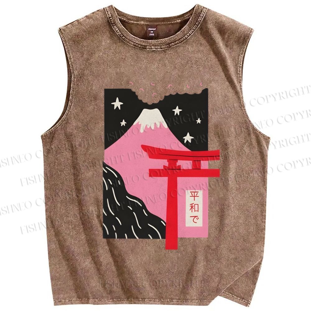 Unisex Japanese Mount Fuji Printed Washed Tank Top
