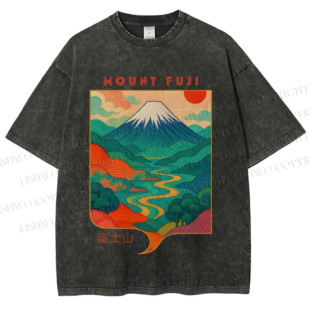 Unisex Japanese Mount Fuji Graffiti Printed Washed Tee