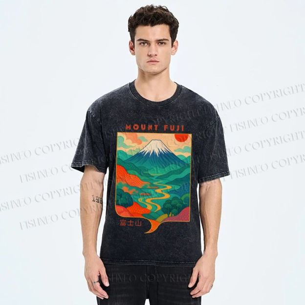Unisex Japanese Mount Fuji Graffiti Printed Washed Tee