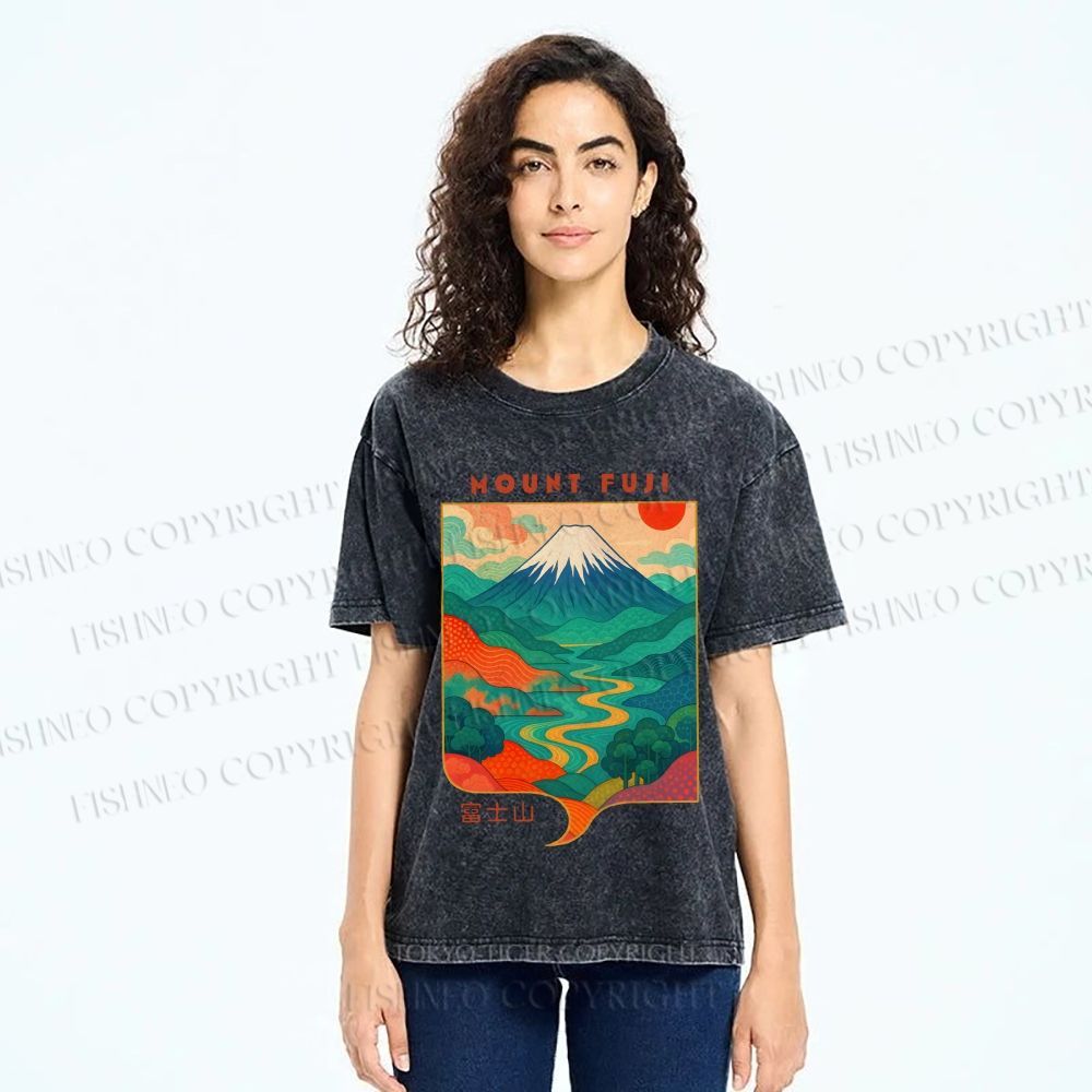 Unisex Japanese Mount Fuji Graffiti Printed Washed Tee