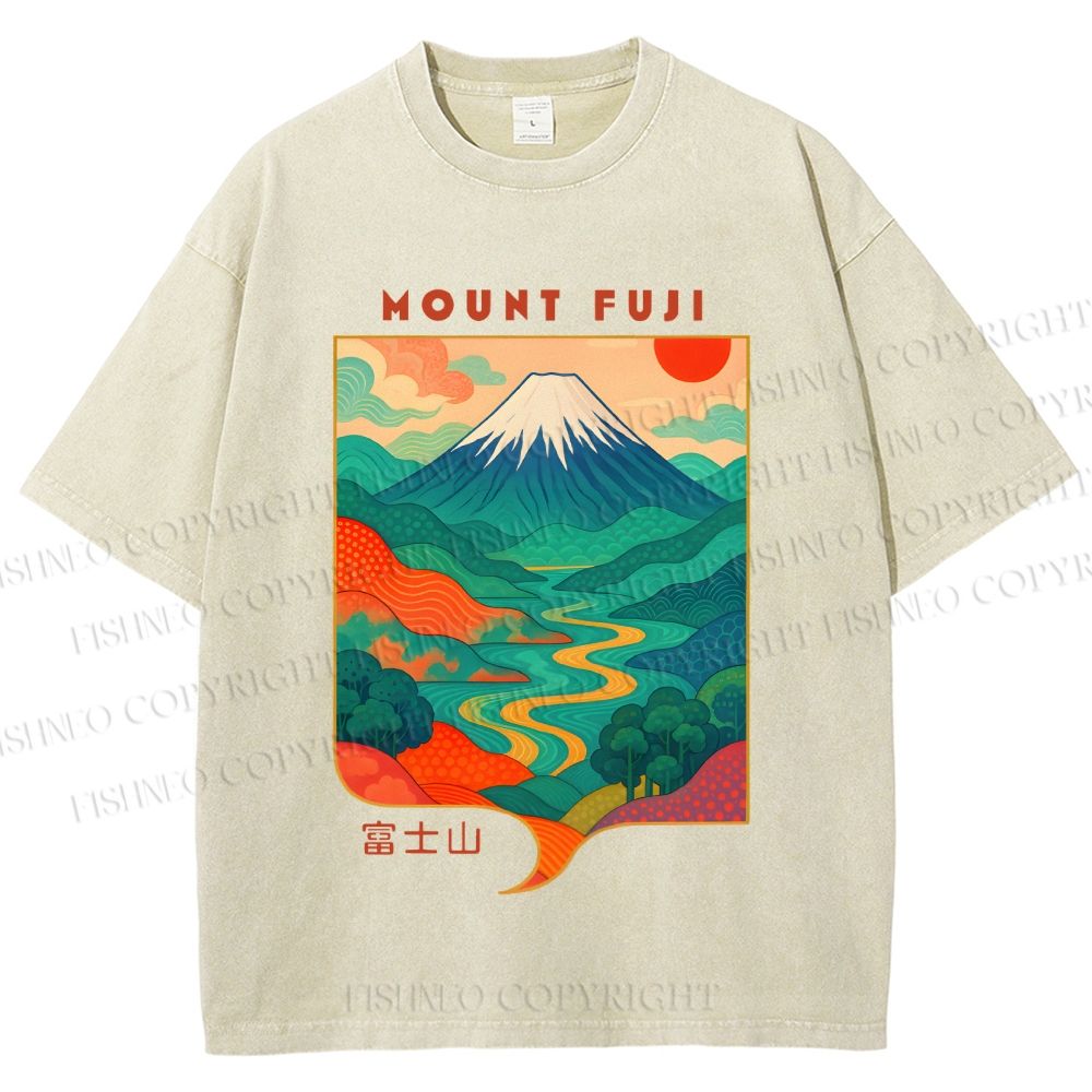 Unisex Japanese Mount Fuji Graffiti Printed Washed Tee