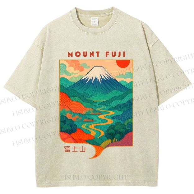 Unisex Japanese Mount Fuji Graffiti Printed Washed Tee