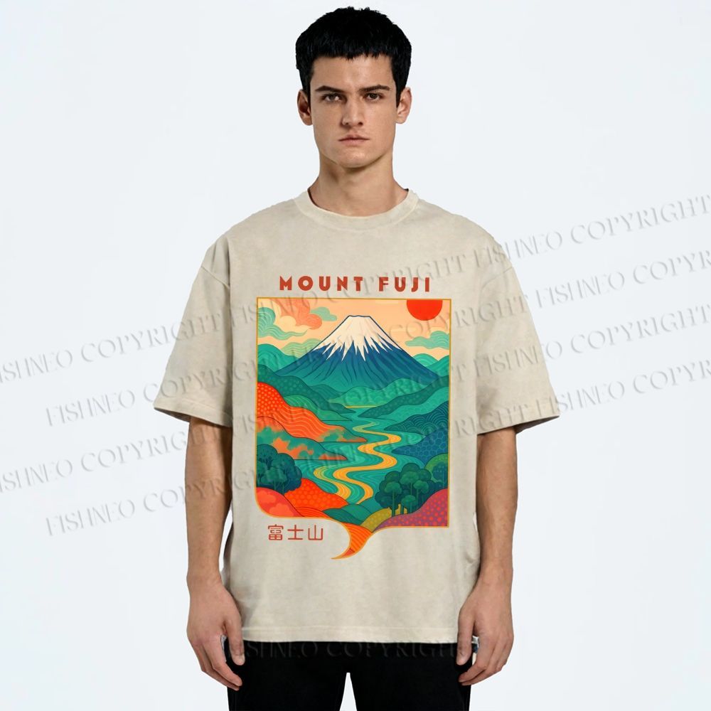 Unisex Japanese Mount Fuji Graffiti Printed Washed Tee