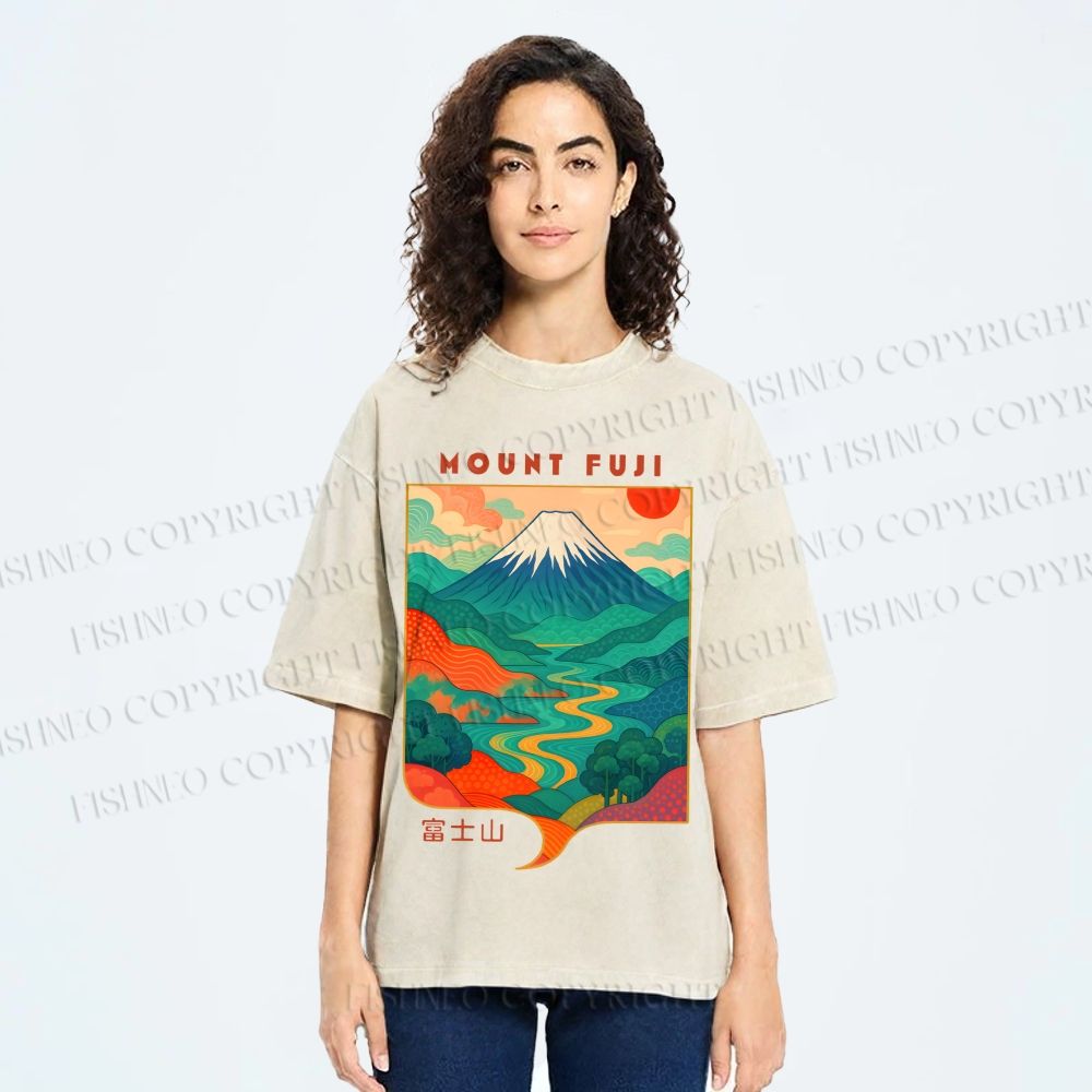 Unisex Japanese Mount Fuji Graffiti Printed Washed Tee