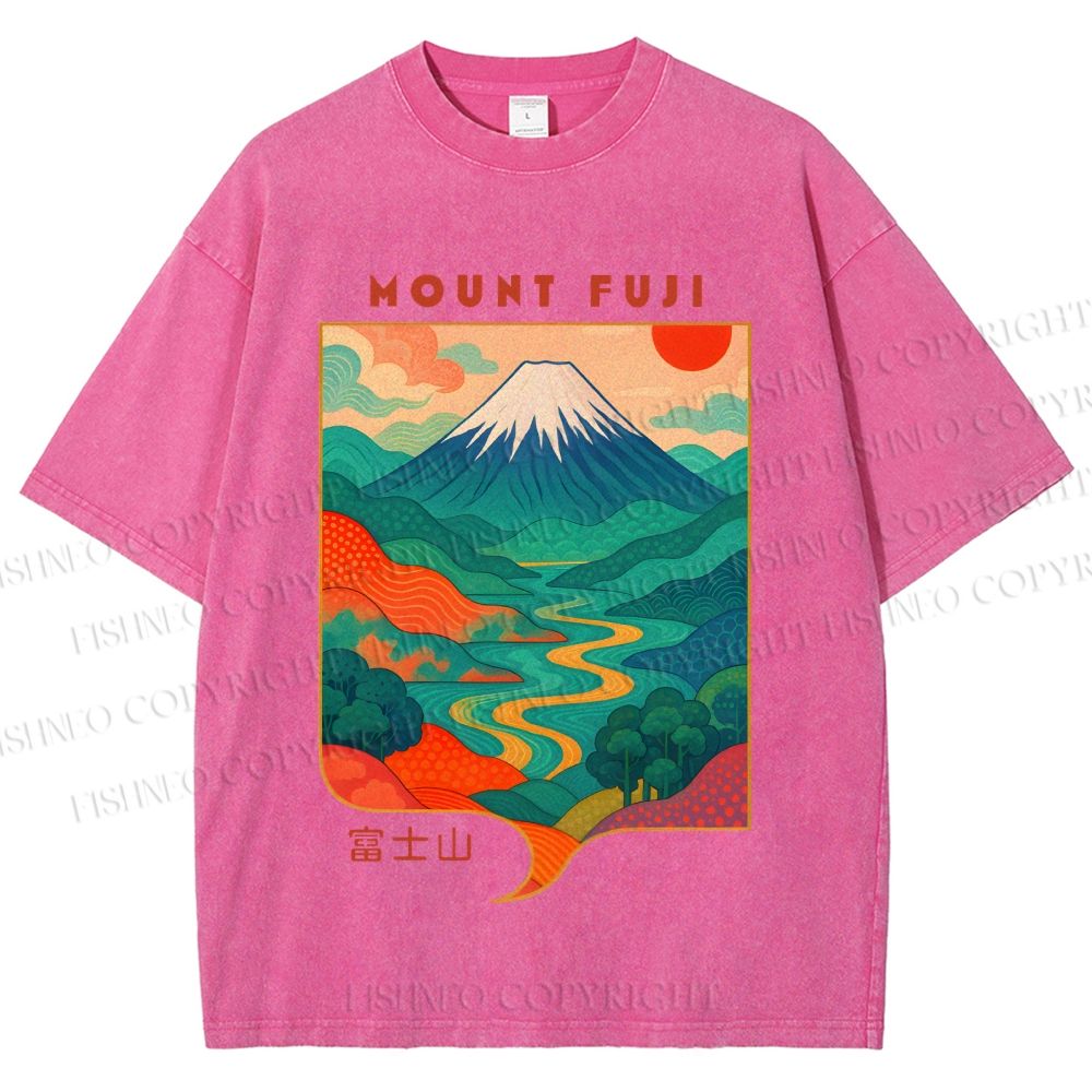 Unisex Japanese Mount Fuji Graffiti Printed Washed Tee
