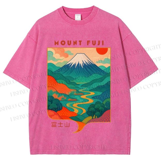 Unisex Japanese Mount Fuji Graffiti Printed Washed Tee