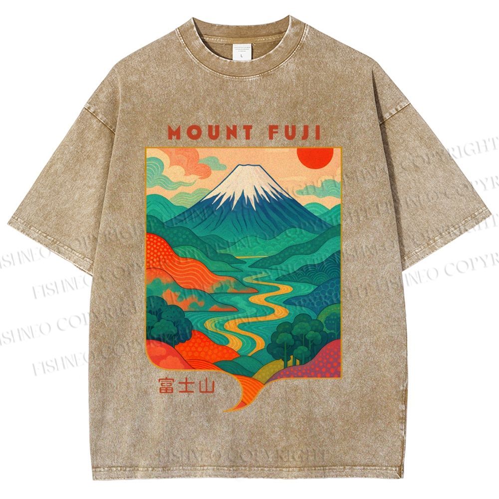 Unisex Japanese Mount Fuji Graffiti Printed Washed Tee