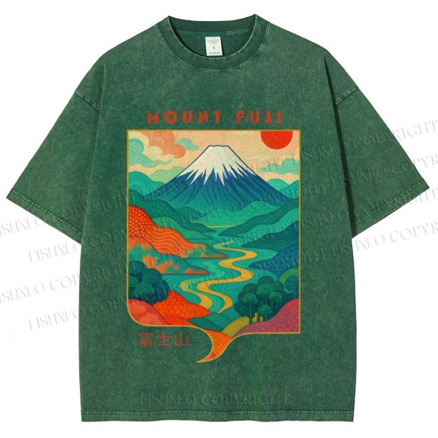 Unisex Japanese Mount Fuji Graffiti Printed Washed Tee