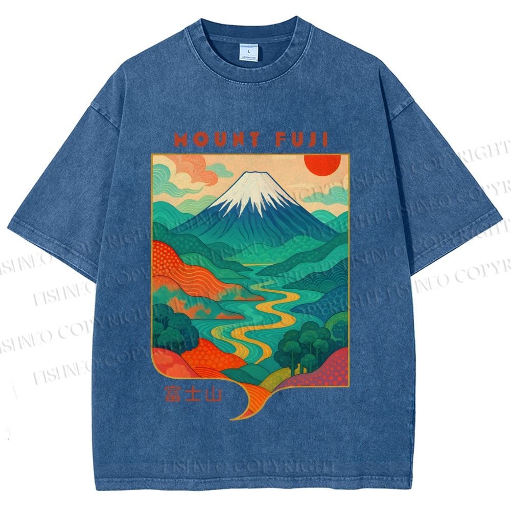 Unisex Japanese Mount Fuji Graffiti Printed Washed Tee