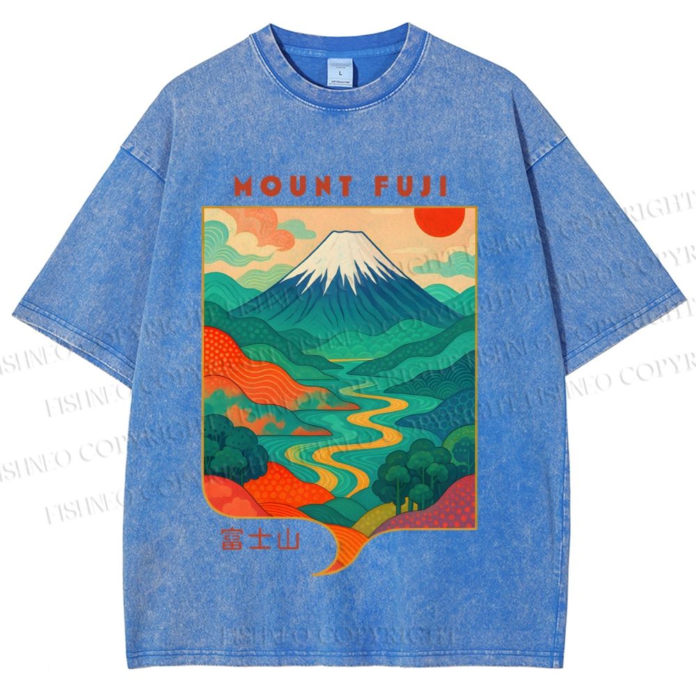 Unisex Japanese Mount Fuji Graffiti Printed Washed Tee