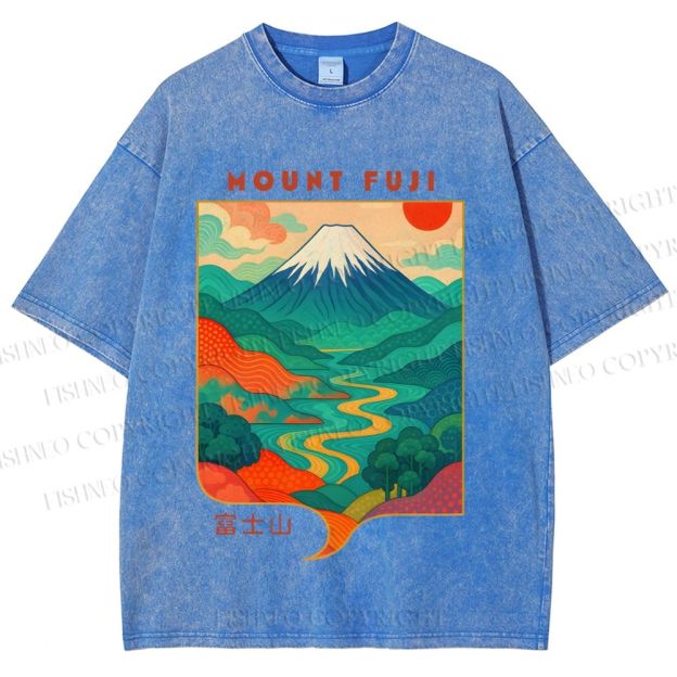 Unisex Japanese Mount Fuji Graffiti Printed Washed Tee