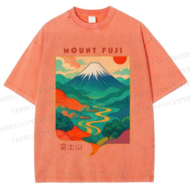 Unisex Japanese Mount Fuji Graffiti Printed Washed Tee